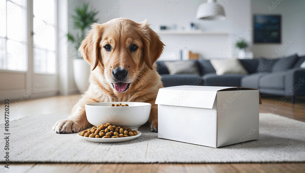 Cute little Golden Retriever puppy dog eating form blank white bowl mock up in modern living room background, pets and animals
