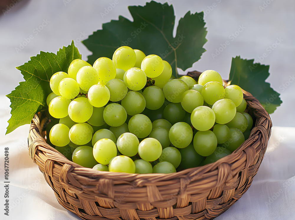 Close-up of shine muscat and green grapes with leaves on bamboo basket, South Korea Close-up of shine muscat and green grapes with leaves on bamboo basket, South Korea