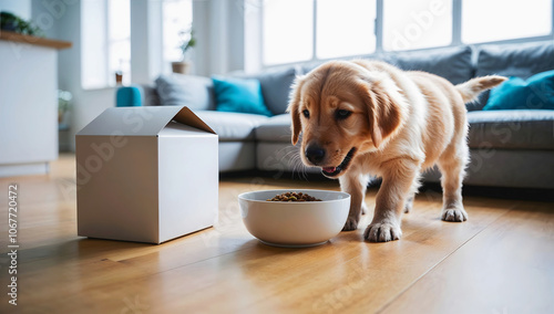 Obraz na płótnie Cute little Golden Retriever puppy dog eating form blank white bowl mock up in modern living room background, pets and animals w salonie