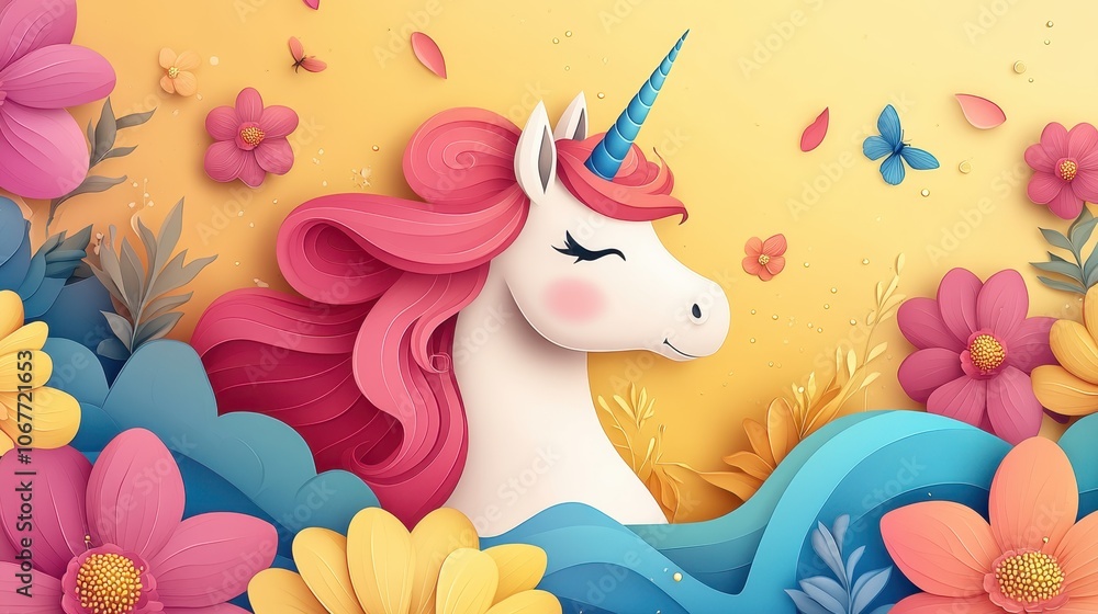 Obraz premium Colorful Unicorn in Floral Garden 