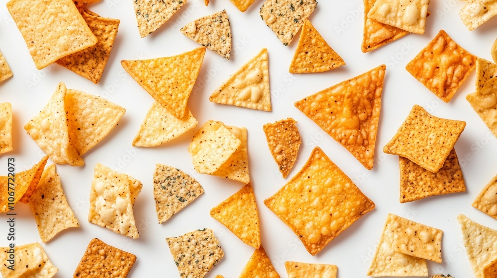 A vibrant assortment of tortilla chips scattered on a clean surface, highlighting various shapes and textures for snack lovers A vibrant assortment of tortilla chips scattered on a clean surface, highlighting various shapes and textures for snack lovers
