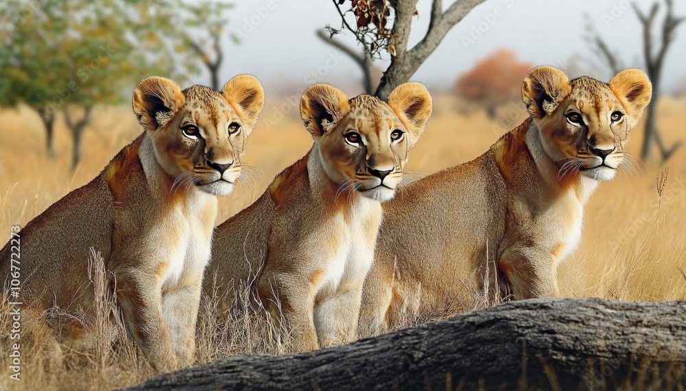 Three Cute Lion Cubs, Siblings, Resting on a Fallen Log in the Savanna, Wildlife Photography Three Cute Lion Cubs, Siblings, Resting on a Fallen Log in the Savanna, Wildlife Photography