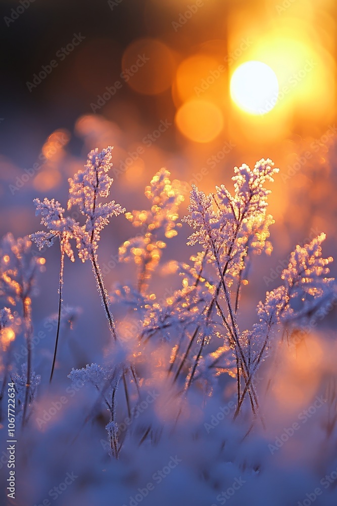 Obraz premium Golden Hour Frost Winter Sunrise Casts Warm Glow Over Snow Covered Field With Delicate Iced Flowers