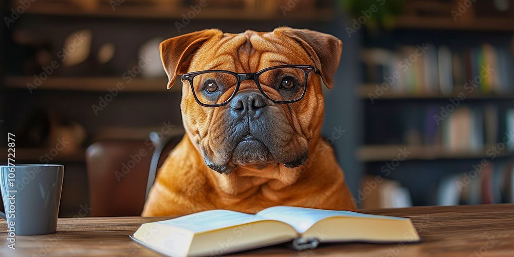dog with eyeglasses is reading a book dog with eyeglasses is reading a book