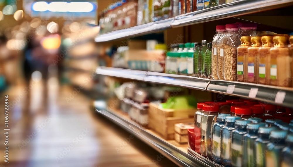 Retail store shelf with various products, symbolizing commerce, sales, and inventory.