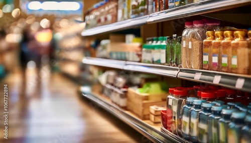 Retail store shelf with various products, symbolizing commerce, sales, and inventory.