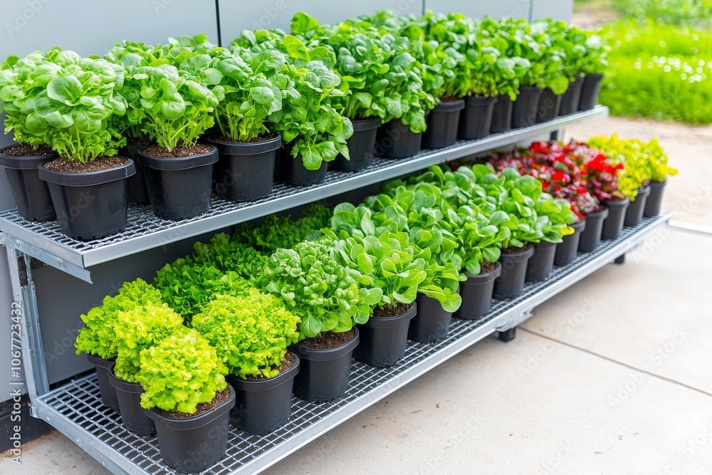 The vertical garden has rows of organic vegetables in black plastic pots The vertical garden has rows of organic vegetables in black plastic pots