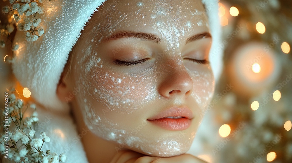 Luxurious spa treatment featuring a soothing facial mask in a tranquil environment adorned with soft lighting Luxurious spa treatment featuring a soothing facial mask in a tranquil environment adorned with soft lighting