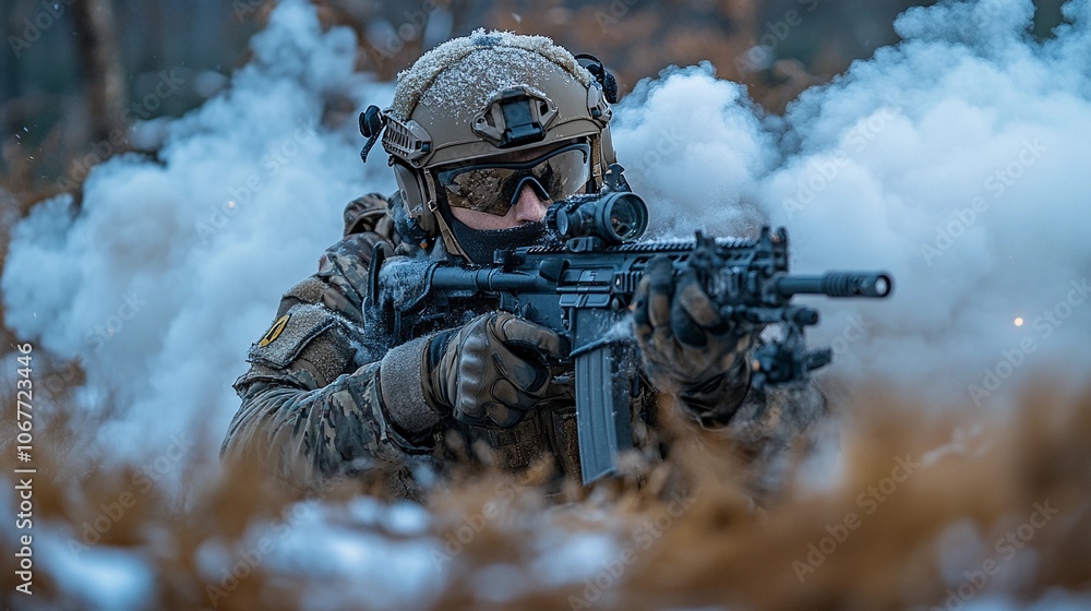 Soldier in winter combat gear navigating smoke during military training exercise in a forested environment Soldier in winter combat gear navigating smoke during military training exercise in a forested environment