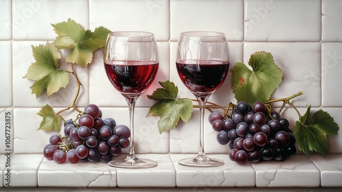 Elegant red wine glasses paired with fresh purple grapes and vibrant green leaves on white tiled surface, perfect for wine tasting or romantic evening. photo