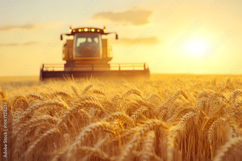 Fototapeta premium A golden wheat field stretches across the foreground, with a harvesting machine working efficiently, collecting the ripe crops in a scene of agricultural abundance