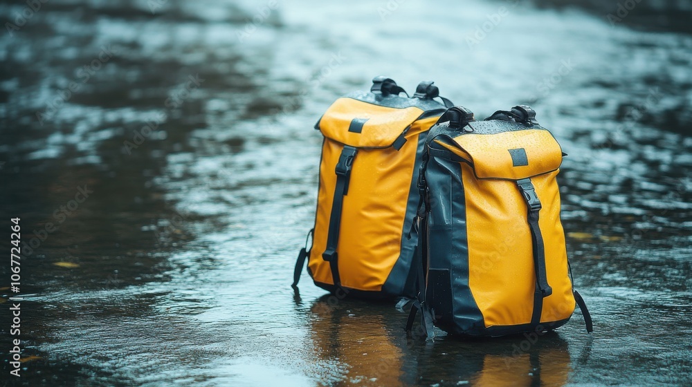 Two waterproof yellow and black cycling backpacks on wet urban surface Two waterproof yellow and black cycling backpacks on wet urban surface