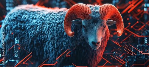 Neon Ram on Dark Background A Striking Illustration of Power and Energy with Glowing Red Tones photo