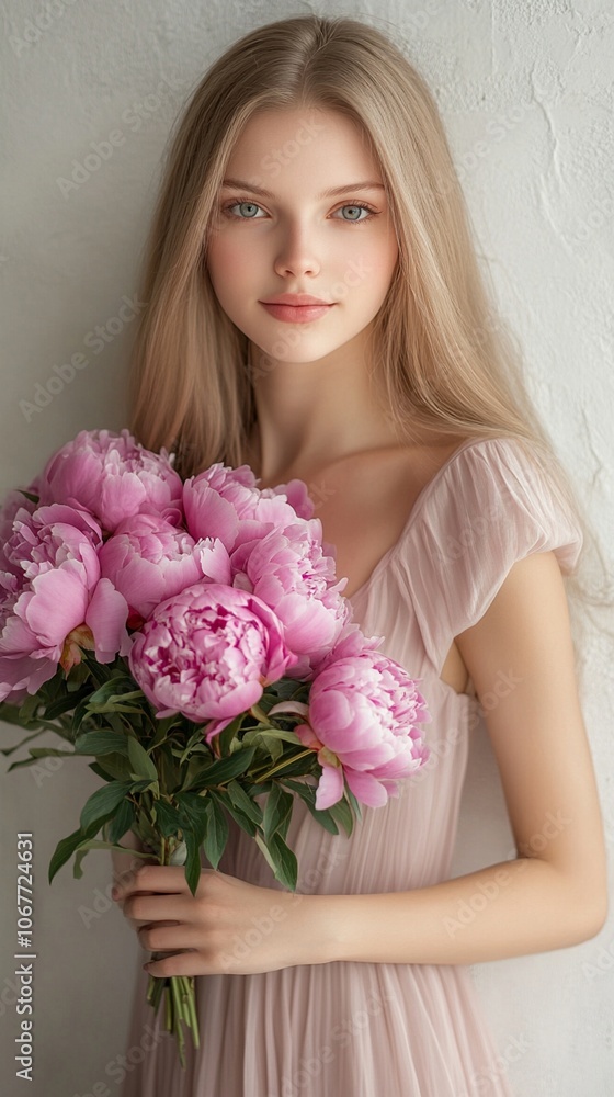 Ethereal beauty radiates as a young woman with flowing blonde hair holds a lush bouquet of pink peonies, her delicate features framed by soft light and pastel hues. Ethereal beauty radiates as a young woman with flowing blonde hair holds a lush bouquet of pink peonies, her delicate features framed by soft light and pastel hues.