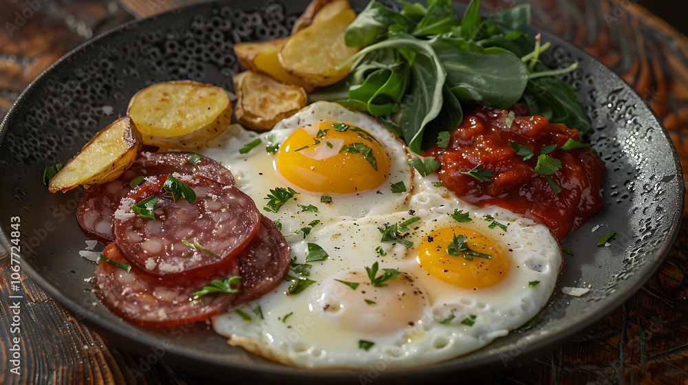 a delicious breakfast plate featuring three sunny-side-up eggs with bright yellow yolks, garnished with herbs. Accompanying the eggs are slices of savory salami a delicious breakfast plate featuring three sunny-side-up eggs with bright yellow yolks, garnished with herbs. Accompanying the eggs are slices of savory salami