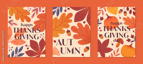 Happy thanksgiving day posters with pumpkins,mushroom,leaves,berries,plants in fall colors.Vector holiday illustrations.Autumn thanksgiving templates for prints,ad,smm,branding,packaging,covers