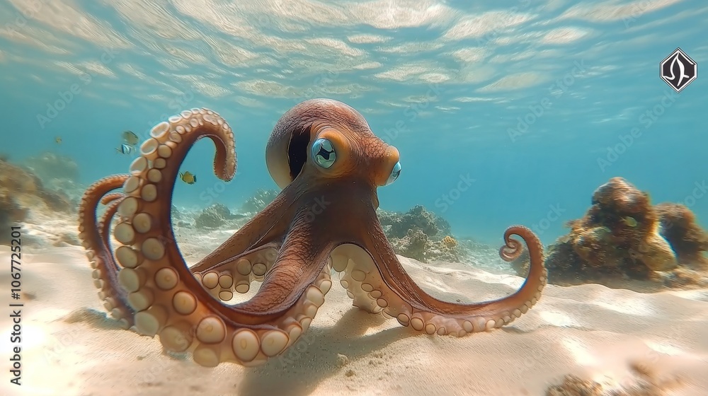Curious Octopus with Bright Blue Eyes Explores the Sandy Ocean Floor, Surrounded by Coral Reef Curious Octopus with Bright Blue Eyes Explores the Sandy Ocean Floor, Surrounded by Coral Reef
