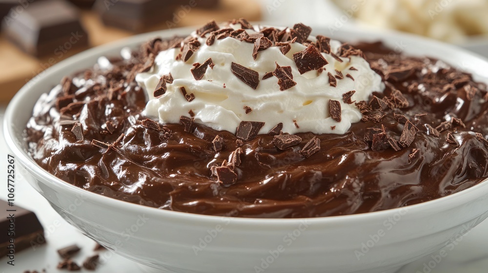 A white bowl filled with rich chocolate pudding topped with whipped cream and chocolate shavings. A white bowl filled with rich chocolate pudding topped with whipped cream and chocolate shavings.