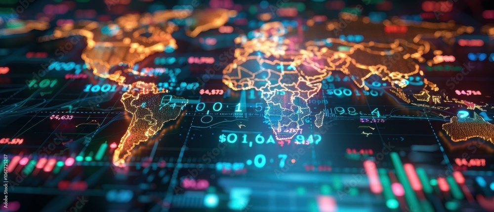 Obraz premium A digital map of the world with data points and graphs. AI.