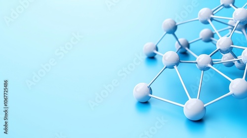 The chain of molecules in molecular cosmetics is surmounted by a blue background, displaying a stock of cosmetics on an abstract background. photo