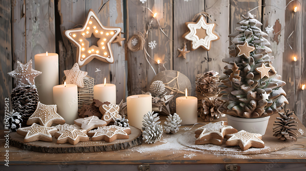 a cozy and festive Christmas scene, adorned with decorated gingerbread cookies shaped like stars and trees, candles, and a small Christmas tree a cozy and festive Christmas scene, adorned with decorated gingerbread cookies shaped like stars and trees, candles, and a small Christmas tree