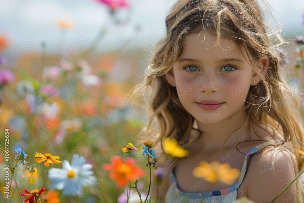 A young girl with blonde hair smiles as she stands in a field of colorful wildflowers. AI. A young girl with blonde hair smiles as she stands in a field of colorful wildflowers. AI.