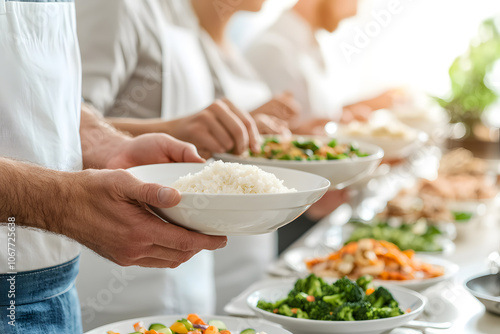 A group of people standing in line, each holding a white plate filled with dishes, ready to enjoy a meal together, showcasing unity and shared moments photo