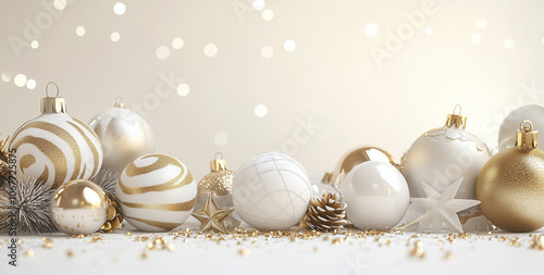 **3d rendering, Christmas white and gold background with Christmas balls and decoration 
