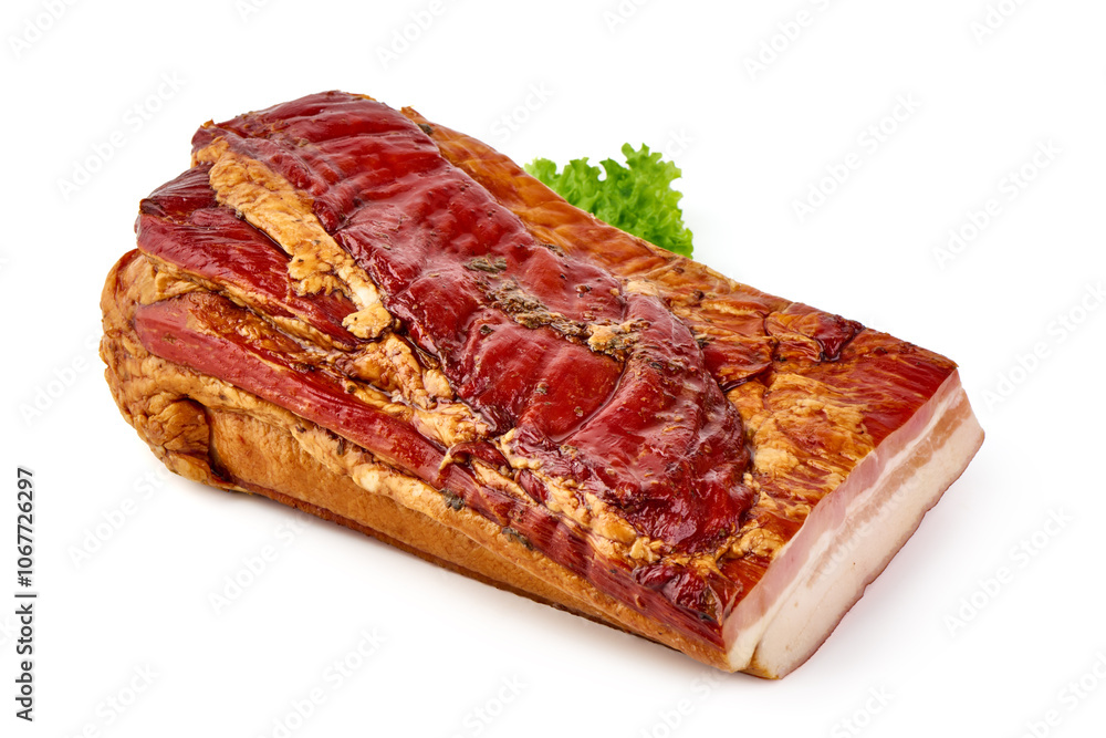 Smoked pork brisket, isolated on white background. Smoked pork brisket, isolated on white background.