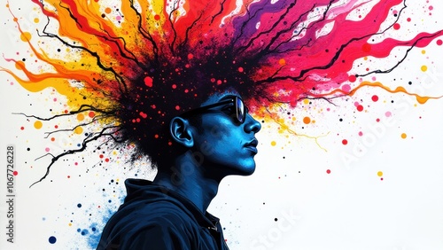 Surreal art of a person in profile with colorful, flowing ideas, symbolizing ADHD and mental overload in a bold, expressive style