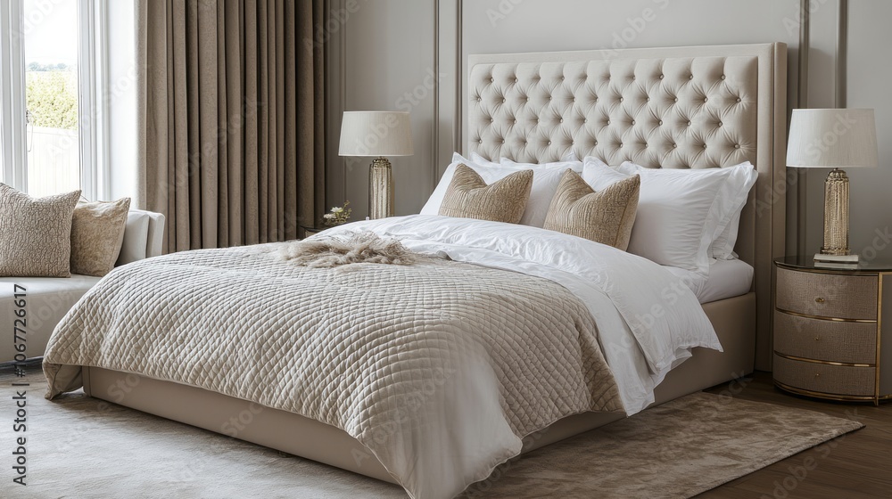 Luxurious Beige Bedroom with Upholstered Headboard and Plush Bedding Luxurious Beige Bedroom with Upholstered Headboard and Plush Bedding