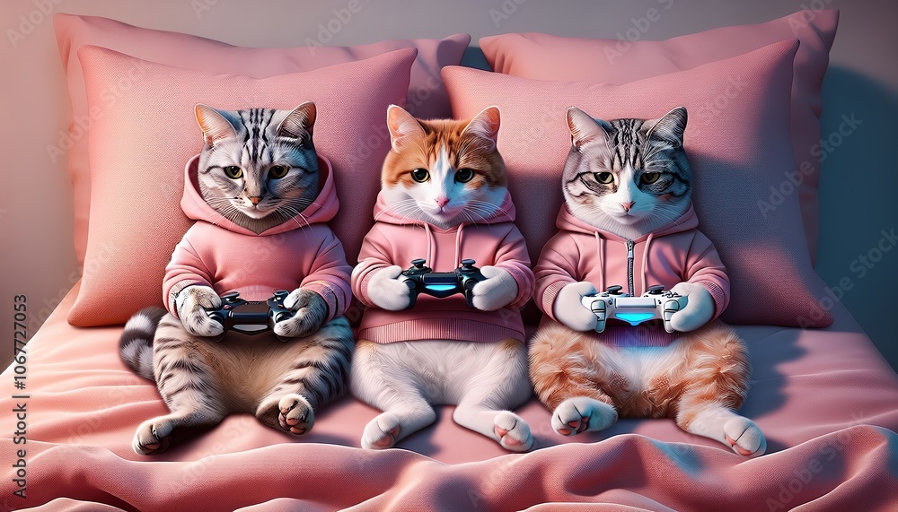 Three cats wearing pink hoodies and playing video games on a bed.
Three cats wearing pink hoodies and playing video games on a bed.
