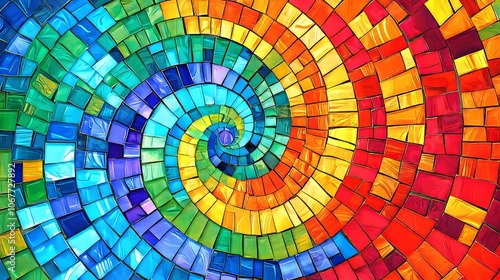 Mosaic tile pattern with blue, green, orange, and yellow colors.