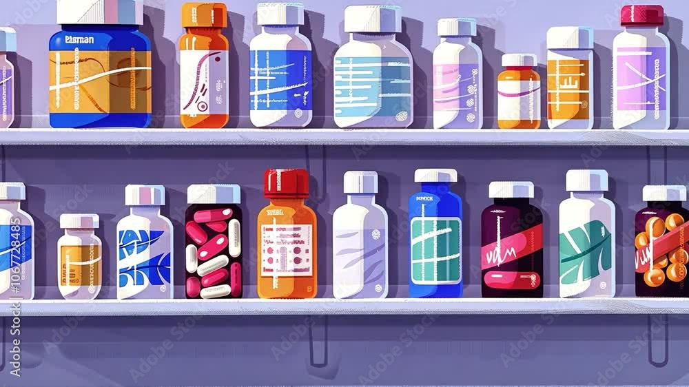 This variety of medication bottles organized on shelves, showcasing different shapes and colors. This variety of medication bottles organized on shelves, showcasing different shapes and colors.