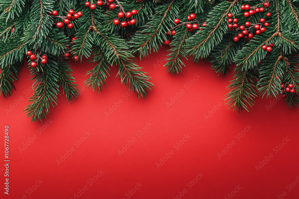 Photorealistic top-down view of lush green pine branches with red berries, perfect for Christmas designs, holiday cards, or festive decorations, with ample copy space. Photorealistic top-down view of lush green pine branches with red berries, perfect for Christmas designs, holiday cards, or festive decorations, with ample copy space.
