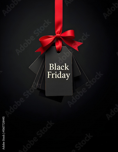 a black friday sale sign on a black background with a red ribbon tied around it