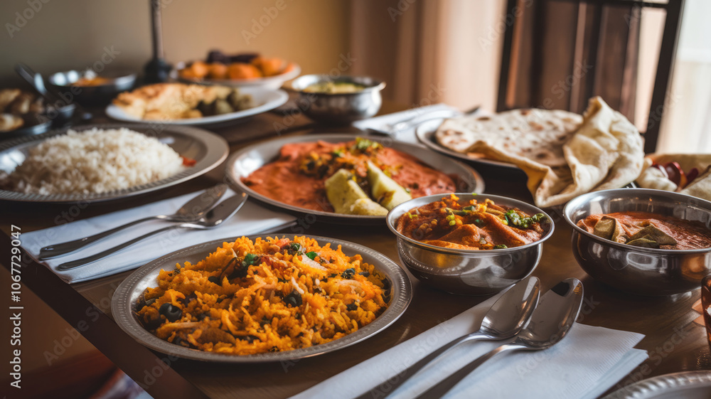 A table full of food with a variety of dishes including rice, curry, and bread. The table is set with silverware and napkins A table full of food with a variety of dishes including rice, curry, and bread. The table is set with silverware and napkins