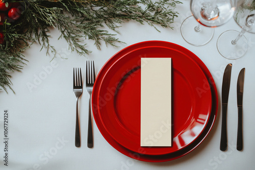 Blank mock ap card on a red plate on a table decorated with cypress branches photo