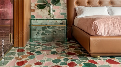 A terrazzo tile design with soft green, pink, and red glass fragments, alongside a plush leather bed and glass-topped nightstand. photo