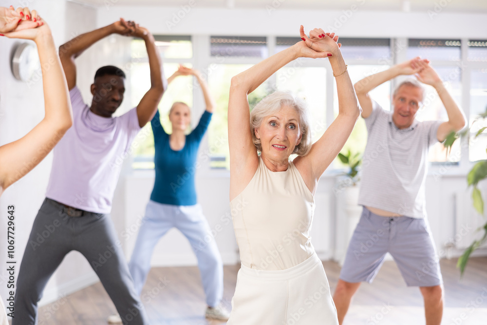Elderly woman and small group of amateur dancers of different ages are actively engaged in fitness room. Physical activity, good bodily shape Elderly woman and small group of amateur dancers of different ages are actively engaged in fitness room. Physical activity, good bodily shape