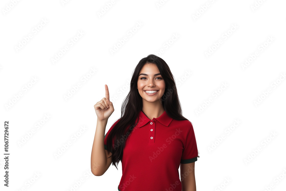 A smiling woman with long dark hair wearing a red polo shirt, pointing upward in a gesture that appears instructional or illustrative, against an isolated, transparent background A smiling woman with long dark hair wearing a red polo shirt, pointing upward in a gesture that appears instructional or illustrative, against an isolated, transparent background