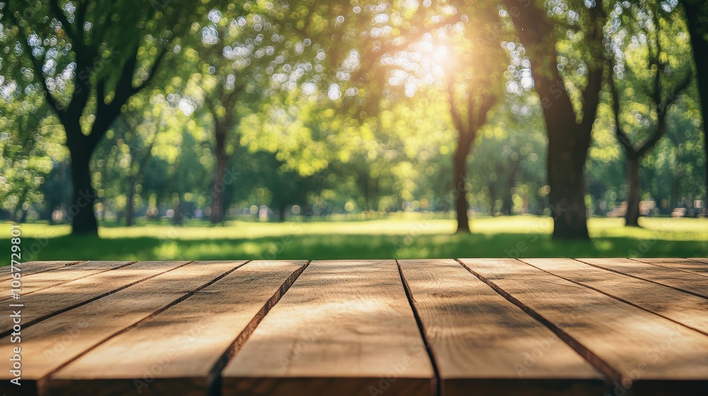 Wooden table in a sunny green park, perfect for picnics and outdoor activities with a scenic nature backdrop Wooden table in a sunny green park, perfect for picnics and outdoor activities with a scenic nature backdrop