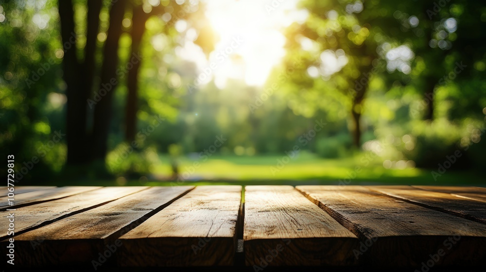 Wooden table in a sunny green park, perfect for picnics and outdoor activities with a scenic nature backdrop Wooden table in a sunny green park, perfect for picnics and outdoor activities with a scenic nature backdrop