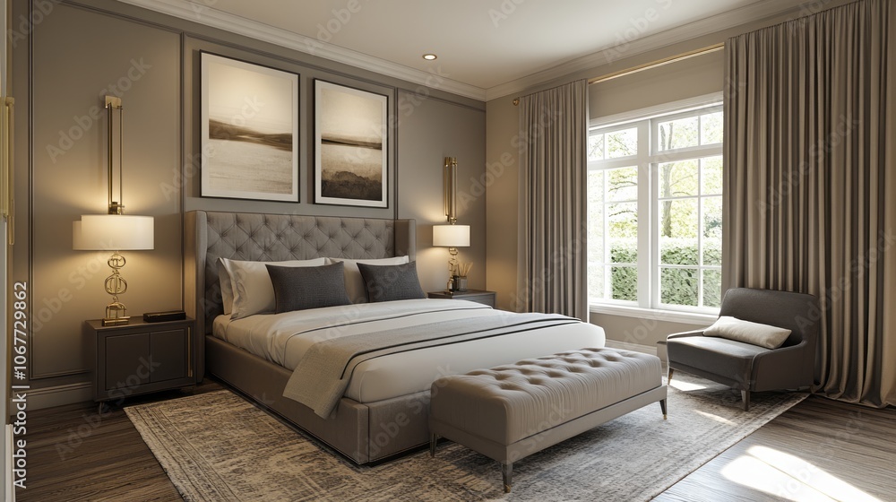 Modern Bedroom with King-Sized Bed and Large Window Modern Bedroom with King-Sized Bed and Large Window