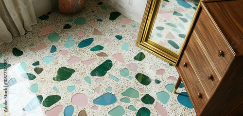 A terrazzo tile floor with bold green, pink, and blue glass chips, matched with a walnut dresser and gold-framed mirror. photo