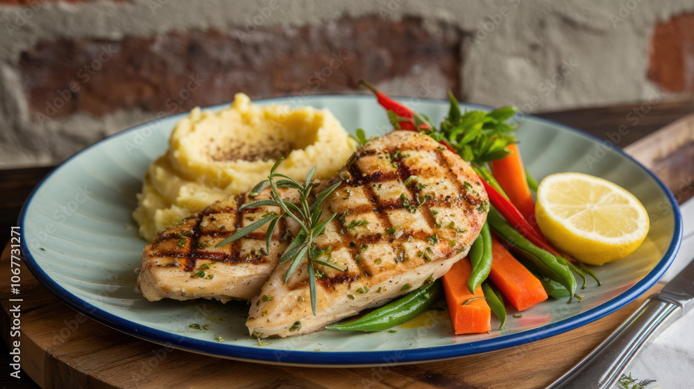 A plate of food with chicken, potatoes, carrots, and lemon slices. The plate is blue and white A plate of food with chicken, potatoes, carrots, and lemon slices. The plate is blue and white