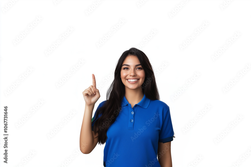 A smiling woman with long dark hair wearing a blue polo shirt, holding up one finger against an isolated, transparent background A smiling woman with long dark hair wearing a blue polo shirt, holding up one finger against an isolated, transparent background