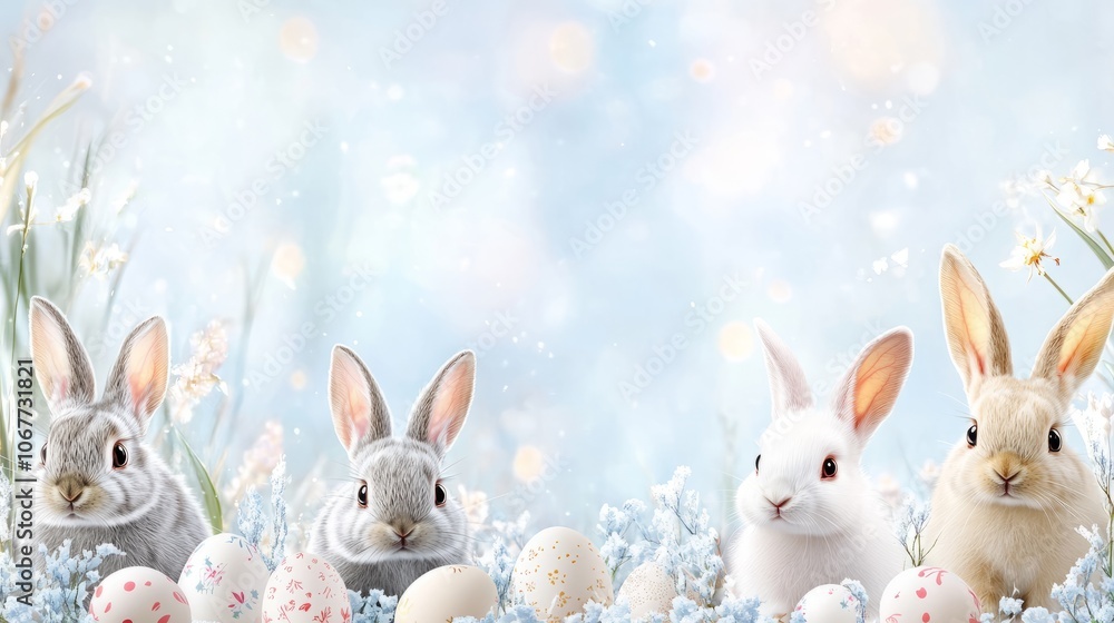 Minimalist Easter background with bunny and eggs Minimalist Easter background with bunny and eggs