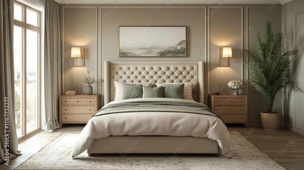A Luxurious Bedroom Interior with a Large Bed, Curtains, and Nightstands A Luxurious Bedroom Interior with a Large Bed, Curtains, and Nightstands