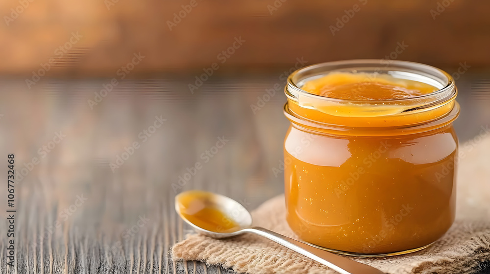 A jar of homemade apricot jam with the lid open, showcasing the rich, golden hue and smooth texture of the sweet spread, inviting a taste of homemade goodness A jar of homemade apricot jam with the lid open, showcasing the rich, golden hue and smooth texture of the sweet spread, inviting a taste of homemade goodness